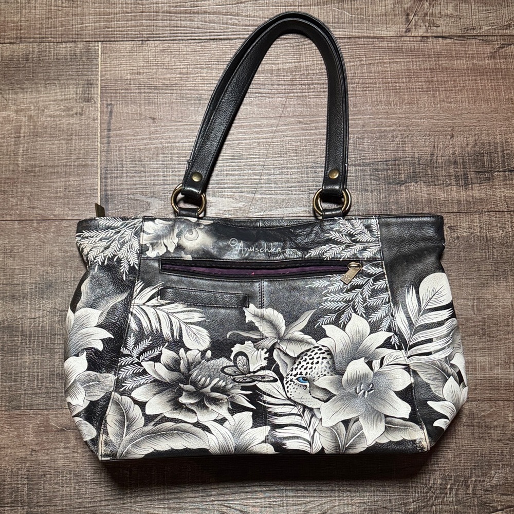 Anuschka Black and Gray Floral Bag